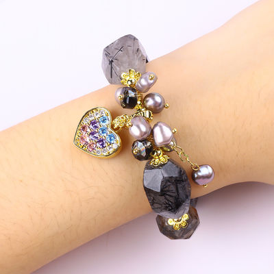 手作り 宝石 ブレスレット 調整 可愛い ブラック ルチレート クォーツ ブレスレット 天然 石 珍珠 宝石 日常 着用