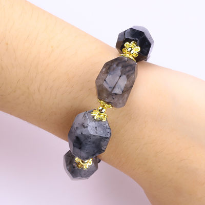 手作り 宝石 ブレスレット 調整 可愛い ブラック ルチレート クォーツ ブレスレット 天然 石 珍珠 宝石 日常 着用