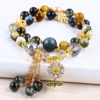 独創的な8MM 夢の虎の目 太陽花のスピナー 呪文の祝福 クリスタル ダブルレイヤー ブレスレット