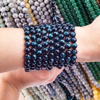 天然水晶宝石 インク 青い虎の目 松散な珠の糸 DIY 宝石制作のための半貴重石