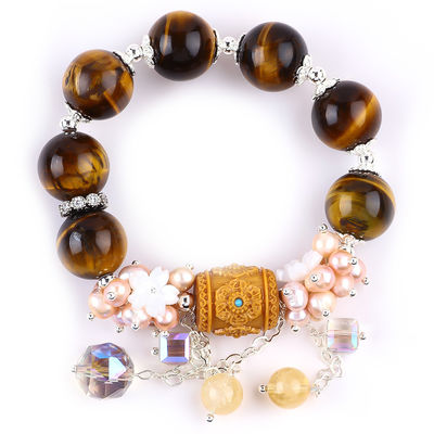 天然 14MM 美しい虎の目と花 鮮水真珠 掛ける鎖珠のブレスレット