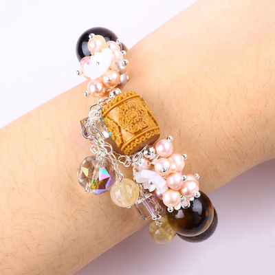 天然 14MM 美しい虎の目と花 鮮水真珠 掛ける鎖珠のブレスレット