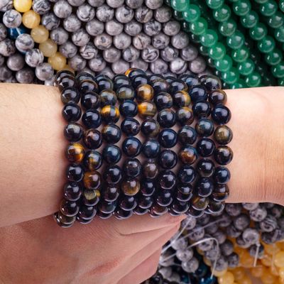 天然結晶宝石 黄 青い虎の目 松散な珠の糸 DIY 宝石製造のための半宝石