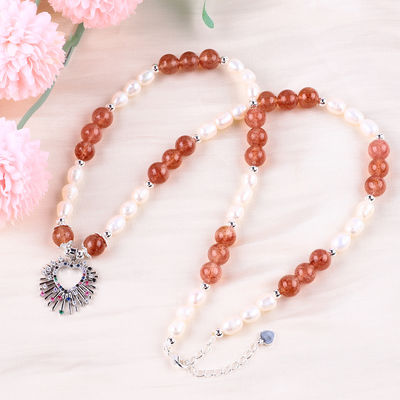 女性 ストロベリークォーツ 5mm 白淡水真珠 ネックレス
