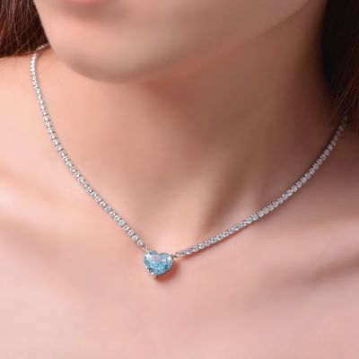 エレガントなハート形 アクアブルー 925 ステルリング シルバー ハート 宝石 ネックレス